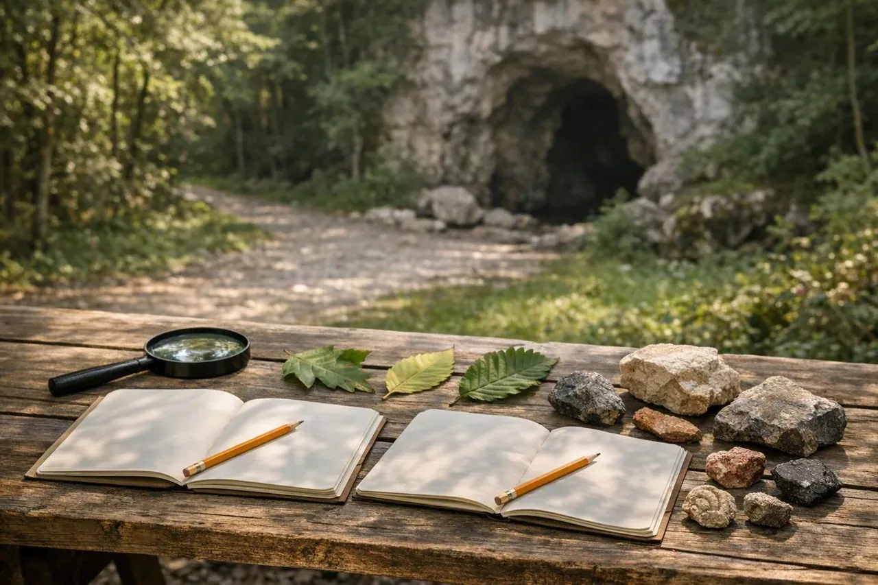 Carnets, loupe, feuilles et roches préparés pour une activité scolaire en pleine nature