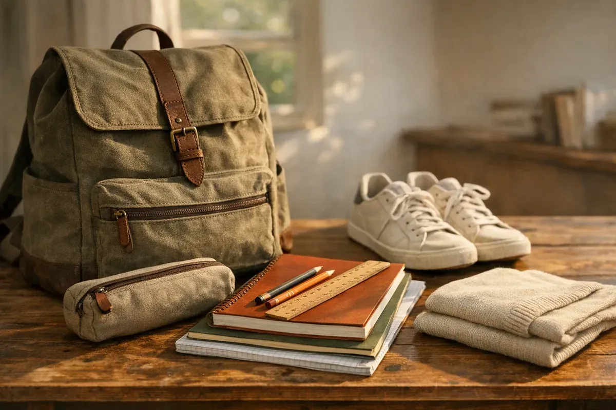 Cartable, vêtements pliés et fournitures scolaires posés sur une table avant la rentrée